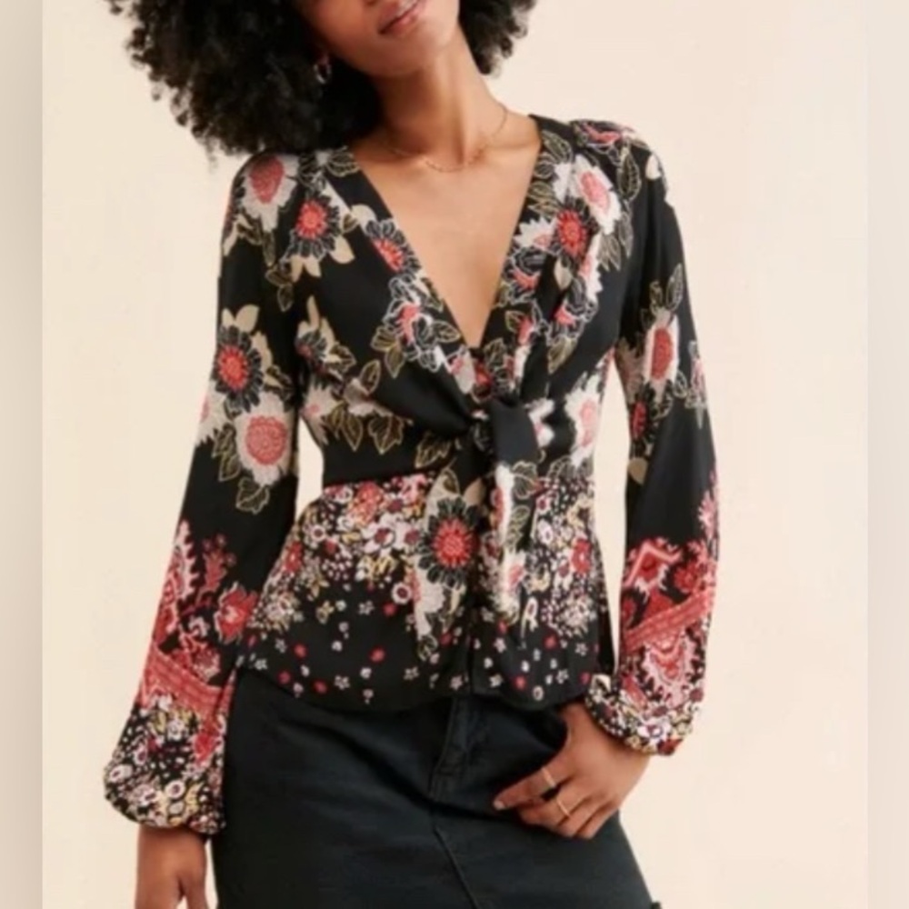 Free People Coal Combo Floral Tie Front Peplum Blouse Boho NWT Large Preppy